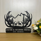 Custom Mountain Deer Antler Metal Wall Art, Personalized Forest Deer Hunter Metal Family Name Sign, Wildlife Hunting Man Cave Cabin Metal Sign