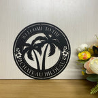 Custom Tropical Palm Tree Metal Wall Art, Personalized Palm Tree Front Porch Metal Welcome Sign, Tropical Poolside Oasis Backyard Metal Sign